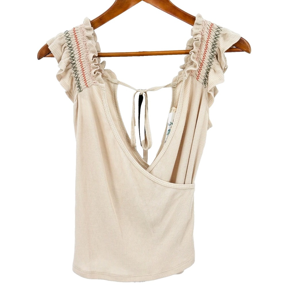 HEM & THREAD Womens S Khaki Sleeveless NWT‎ Embroidered Ruffle Shoulder Wrap Top